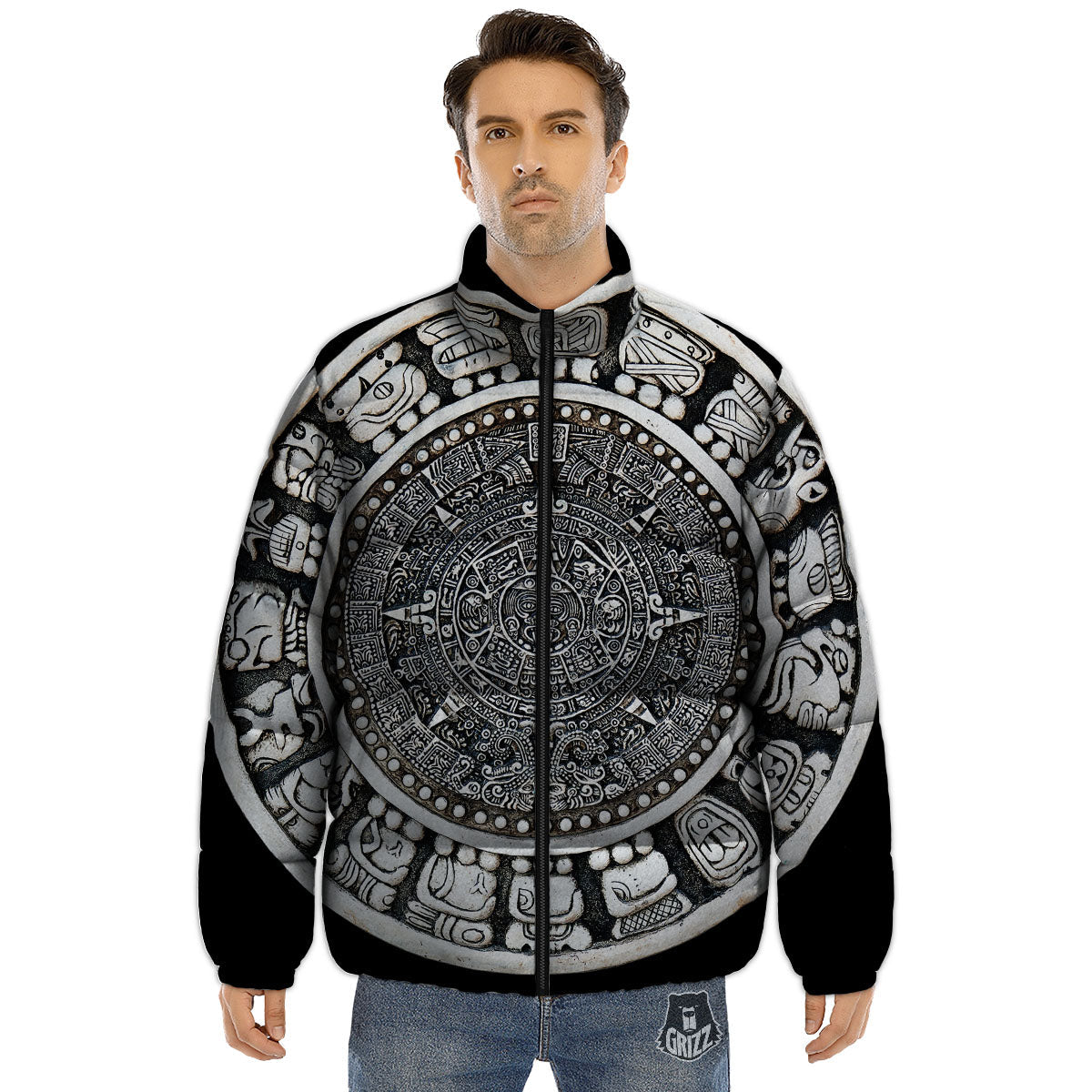 White And Black Maya Calendar Print Puffer Jacket-grizzshop