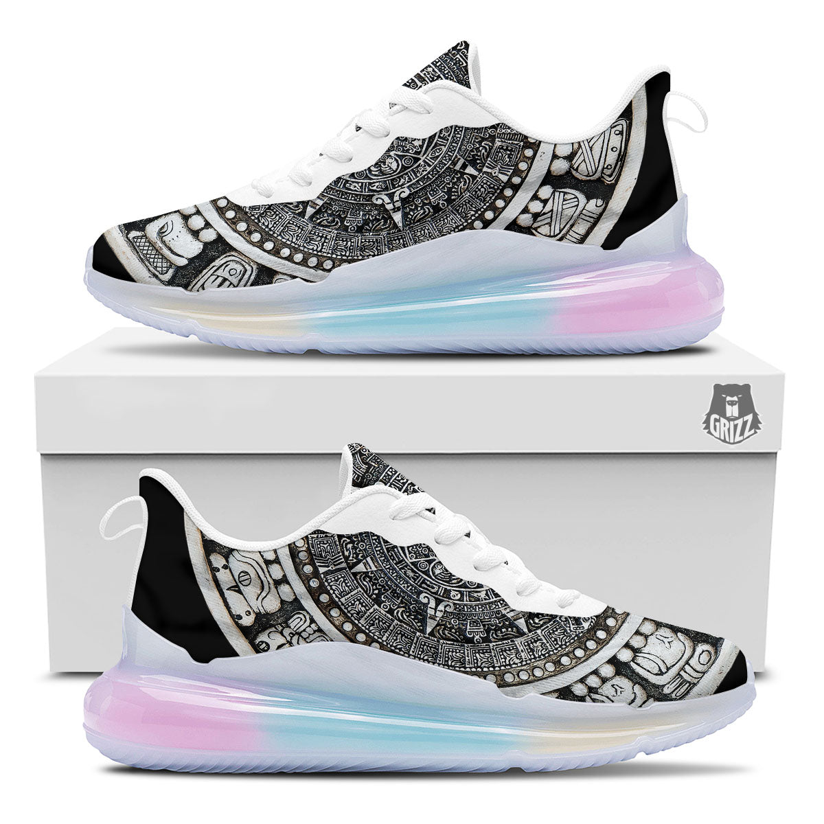 White And Black Maya Calendar Print Running Sneakers-grizzshop