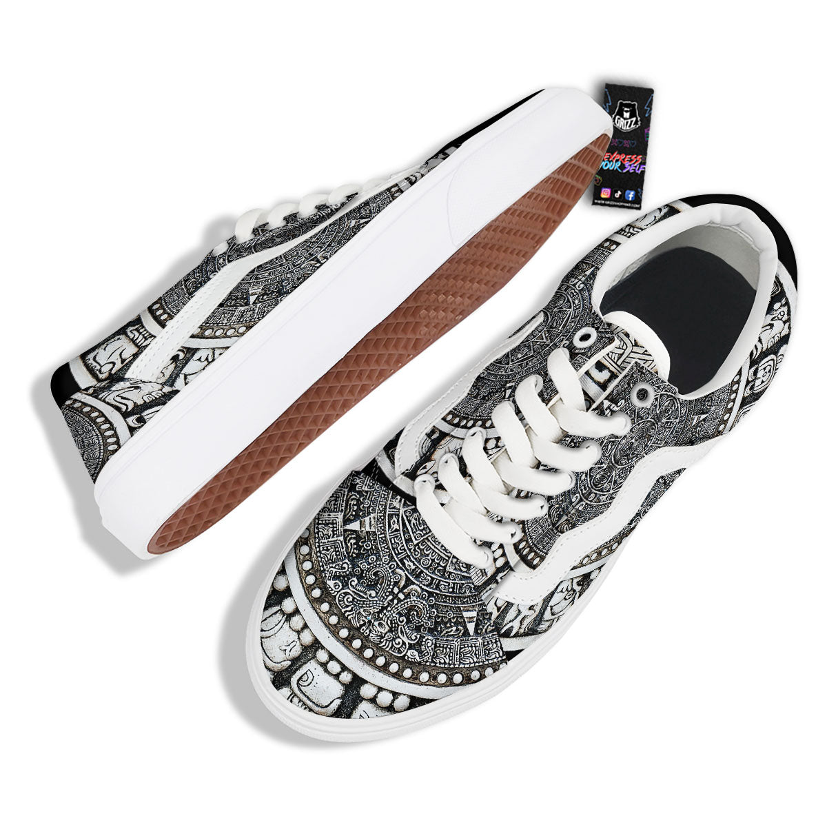 White And Black Maya Calendar Print Skate Shoes-grizzshop