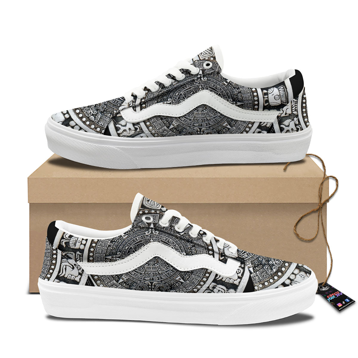 White And Black Maya Calendar Print Skate Shoes-grizzshop