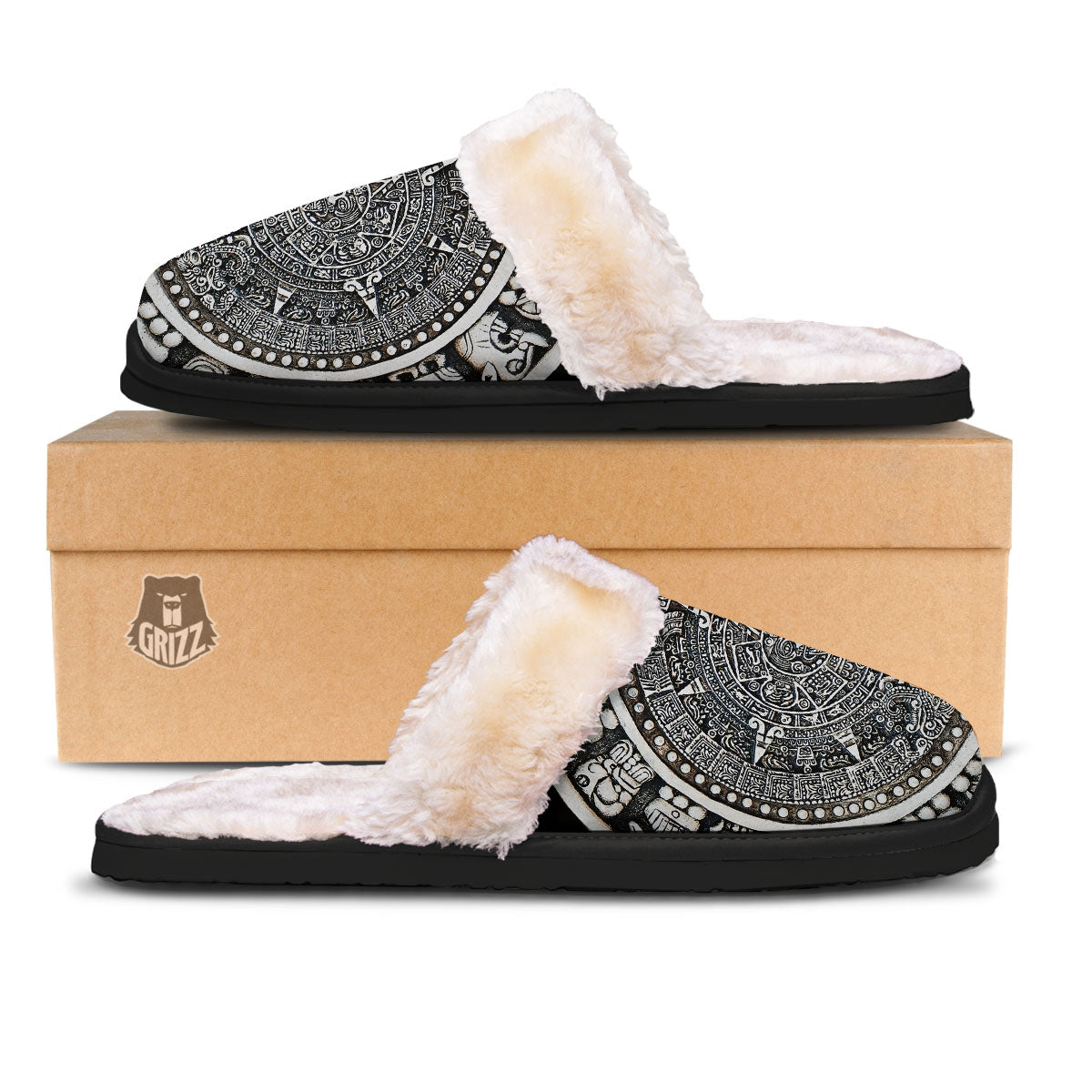 White And Black Maya Calendar Print Slippers-grizzshop