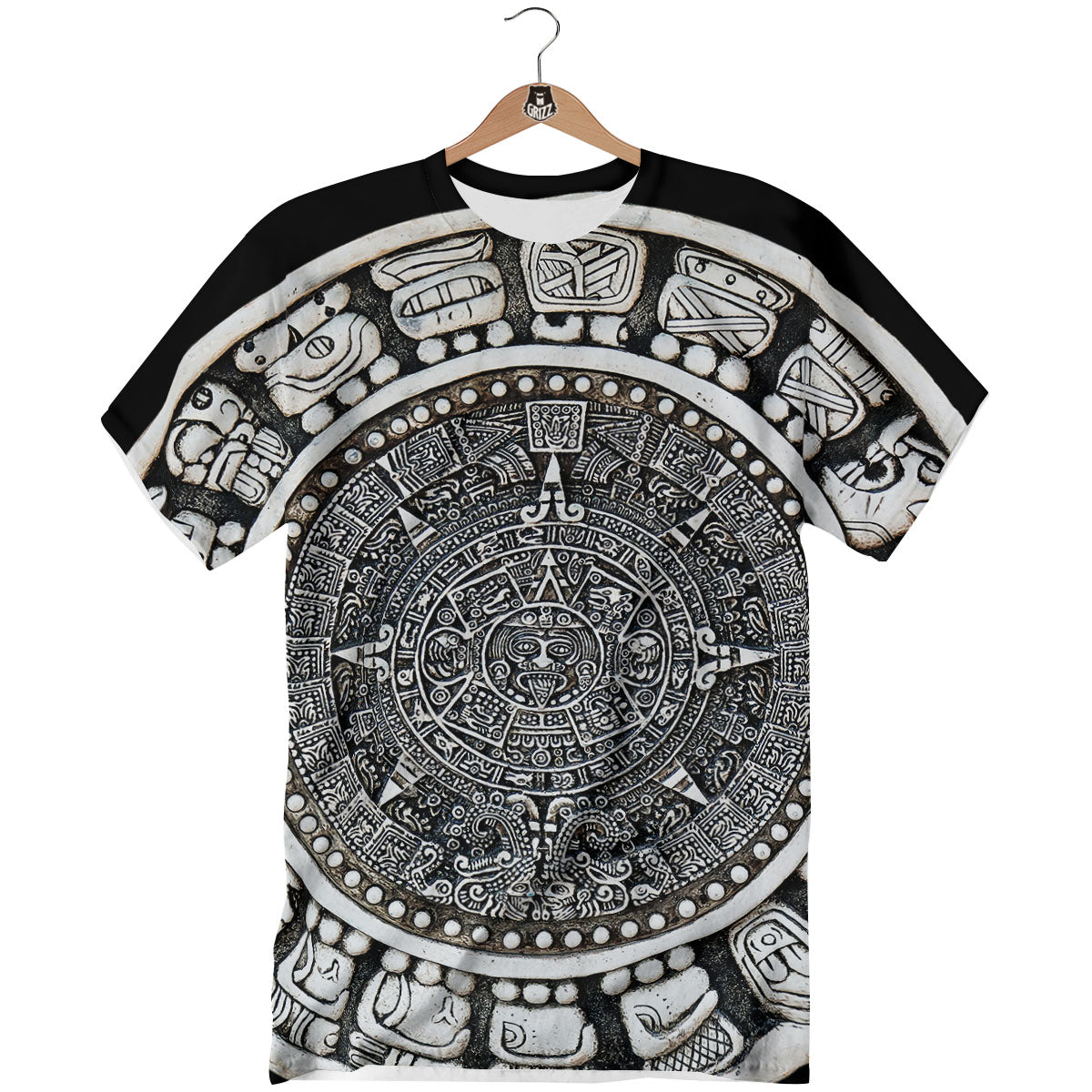 White And Black Maya Calendar Print T-Shirt-grizzshop