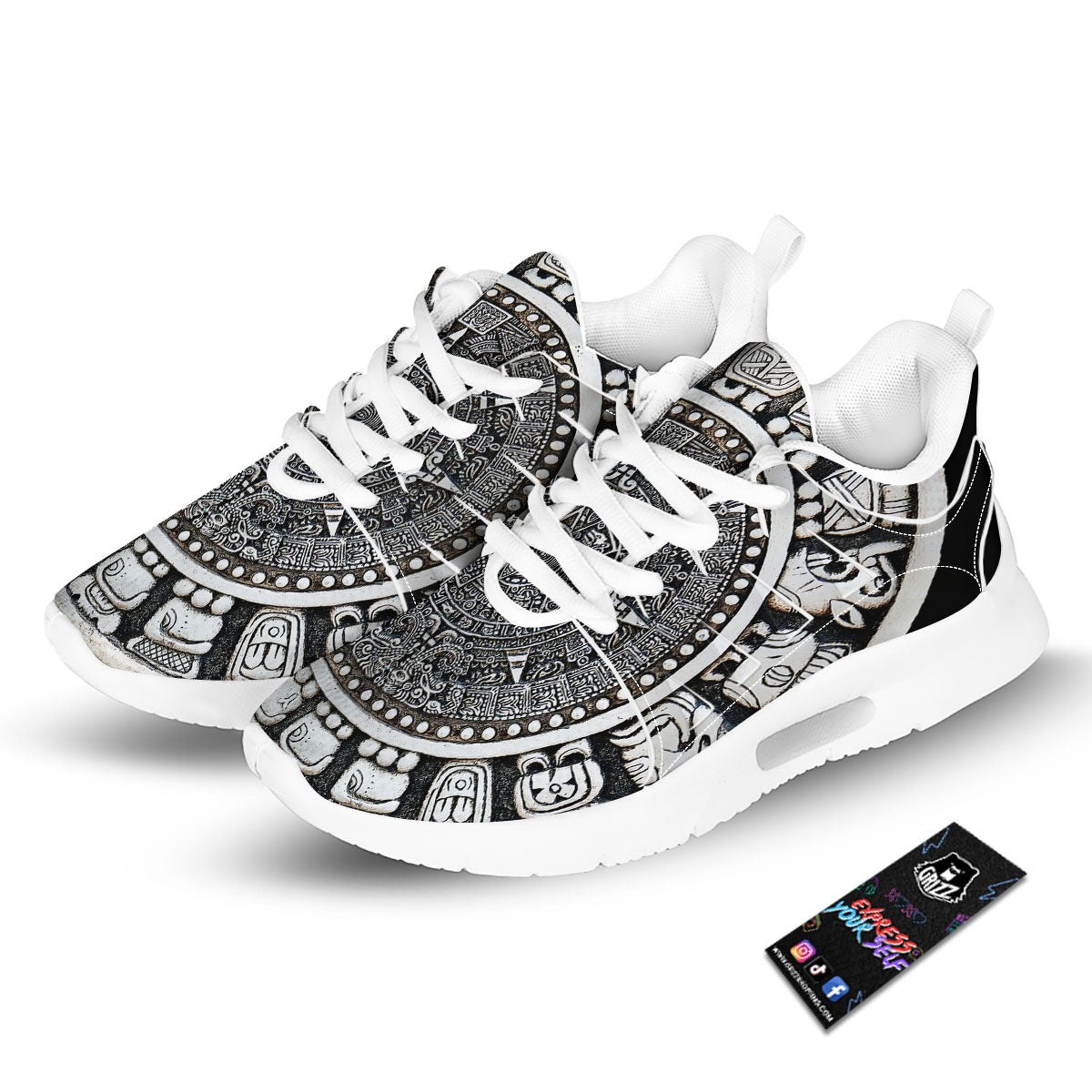 White And Black Maya Calendar Print Tennis Shoes-grizzshop