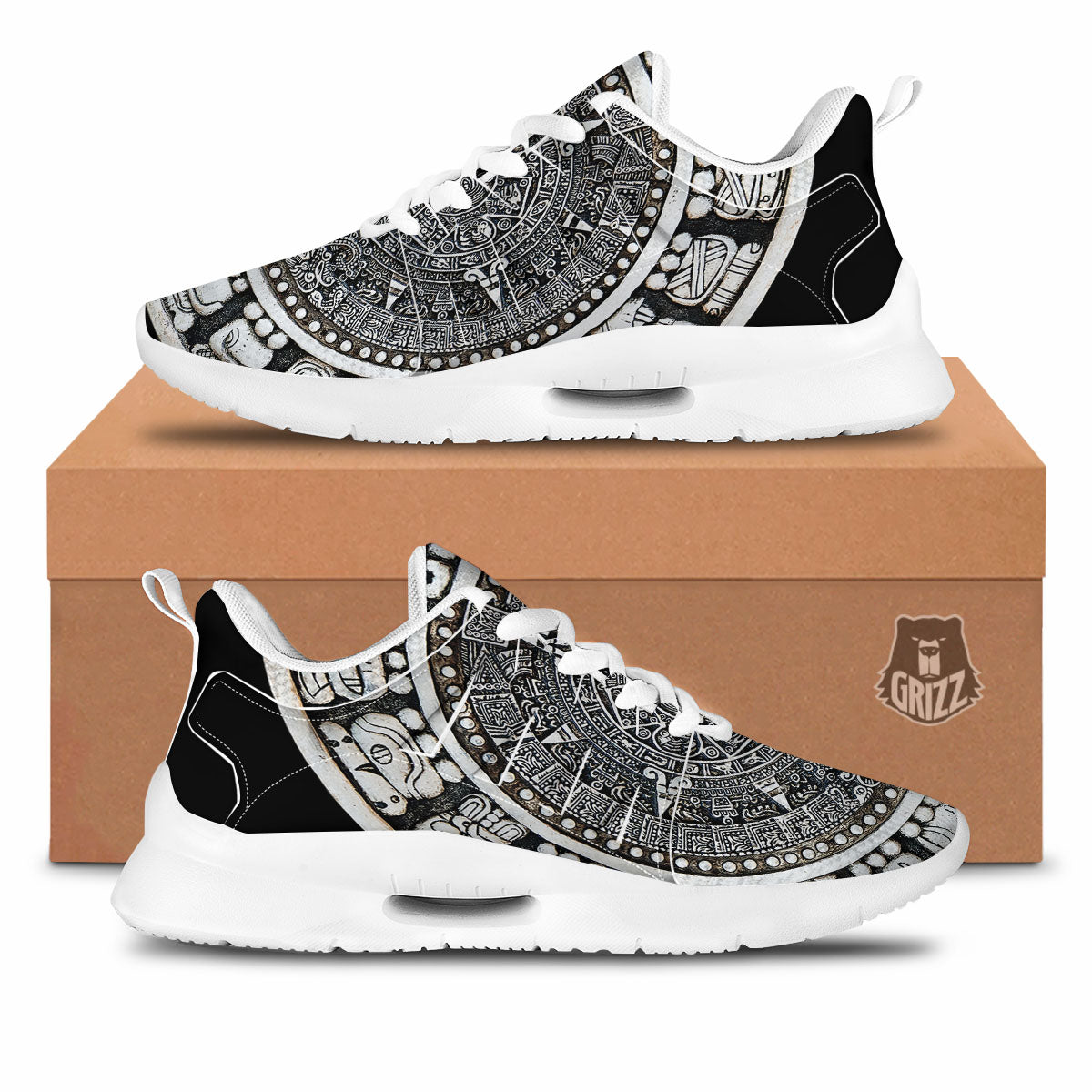 White And Black Maya Calendar Print Tennis Shoes-grizzshop