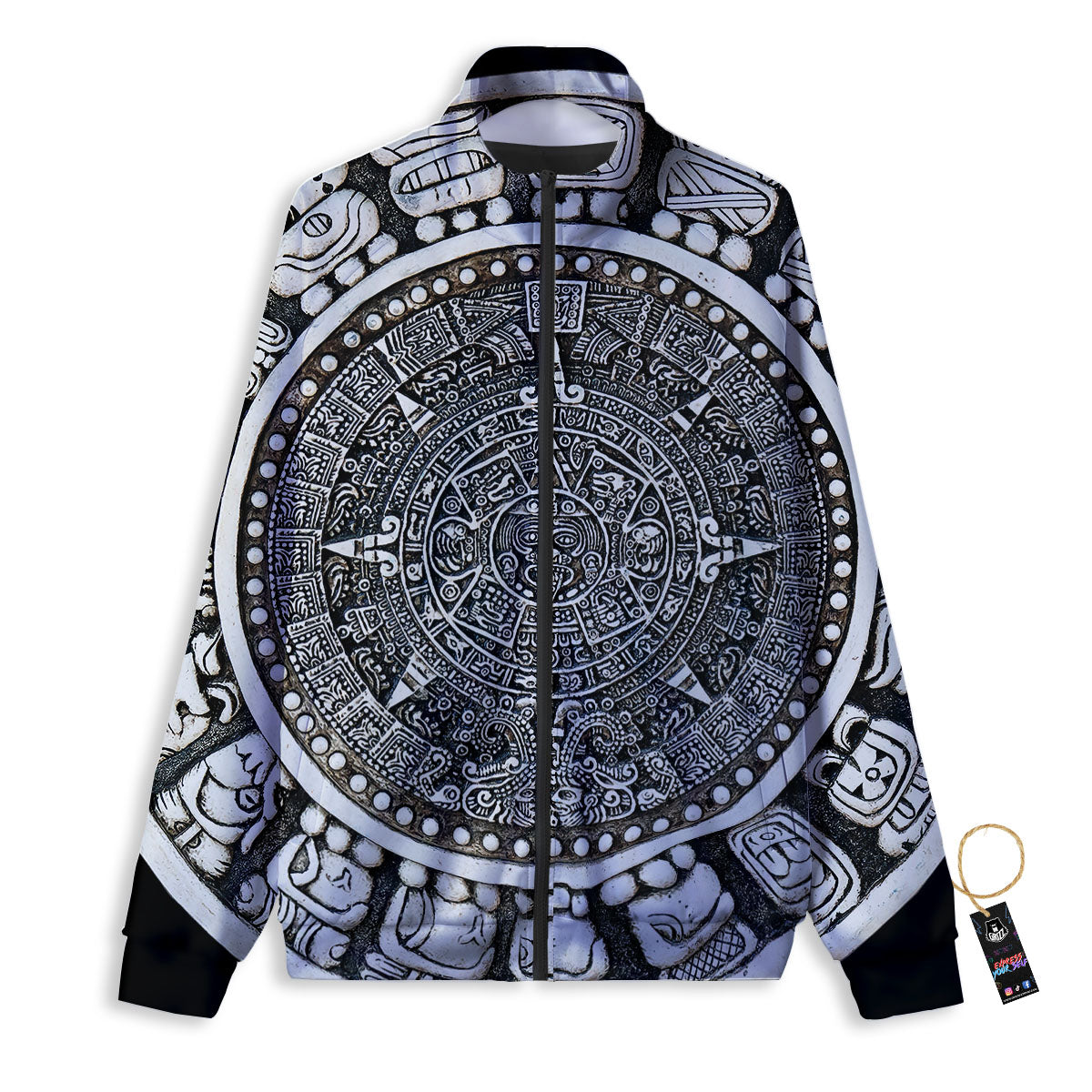 White And Black Maya Calendar Print Track Jacket-grizzshop