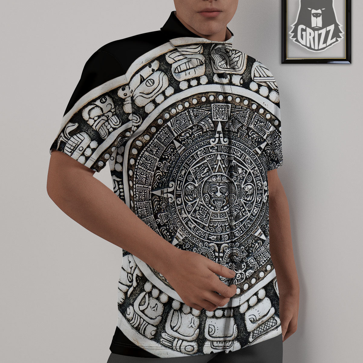 White And Black Maya Calendar Print Untucked Shirts-grizzshop