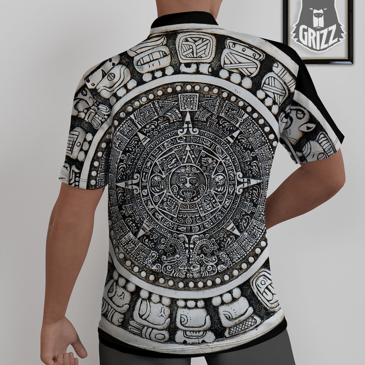 White And Black Maya Calendar Print Untucked Shirts-grizzshop