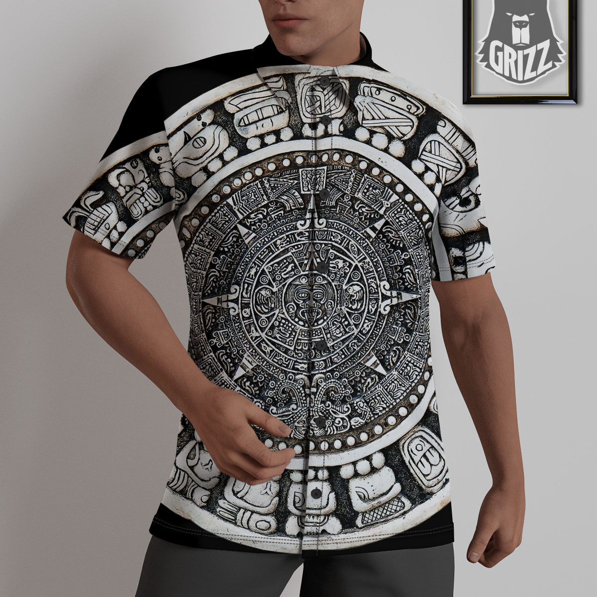 White And Black Maya Calendar Print Untucked Shirts-grizzshop