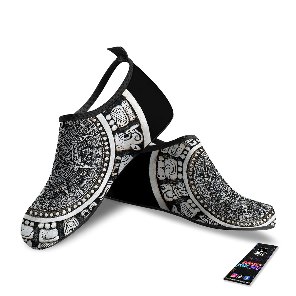 White And Black Maya Calendar Print Water Shoes-grizzshop