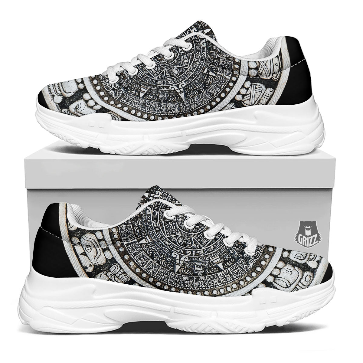 White And Black Maya Calendar Print White Chunky Shoes-grizzshop