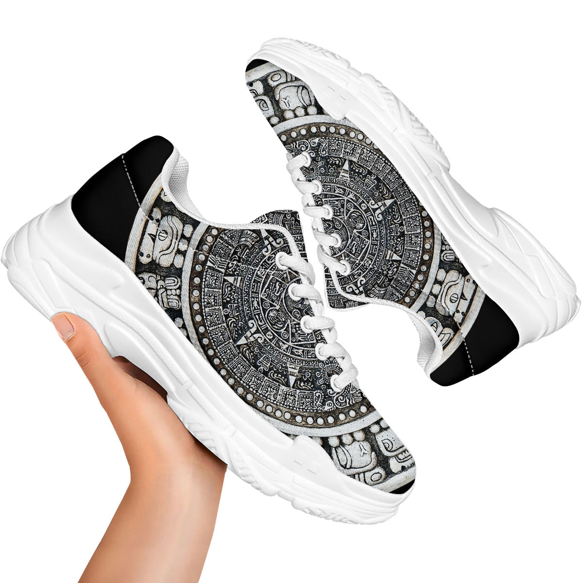 White And Black Maya Calendar Print White Chunky Shoes-grizzshop