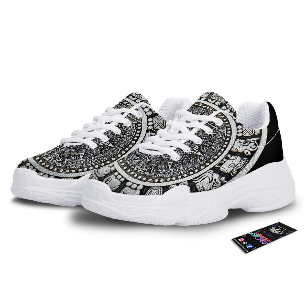White And Black Maya Calendar Print White Chunky Shoes-grizzshop