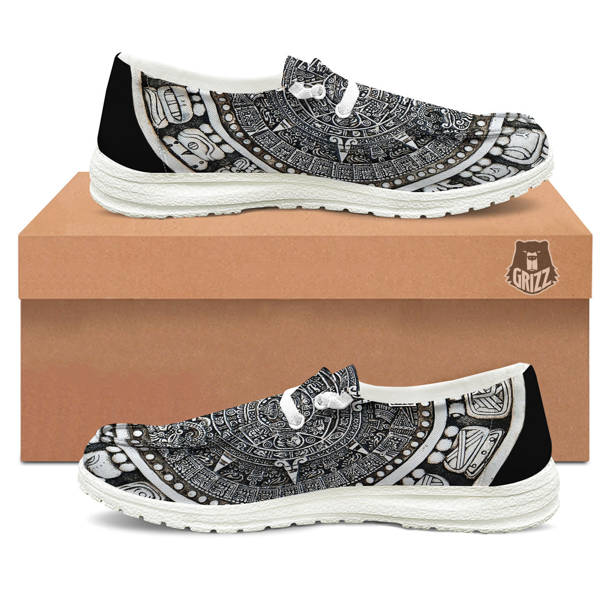 White And Black Maya Calendar Print White Loafers-grizzshop
