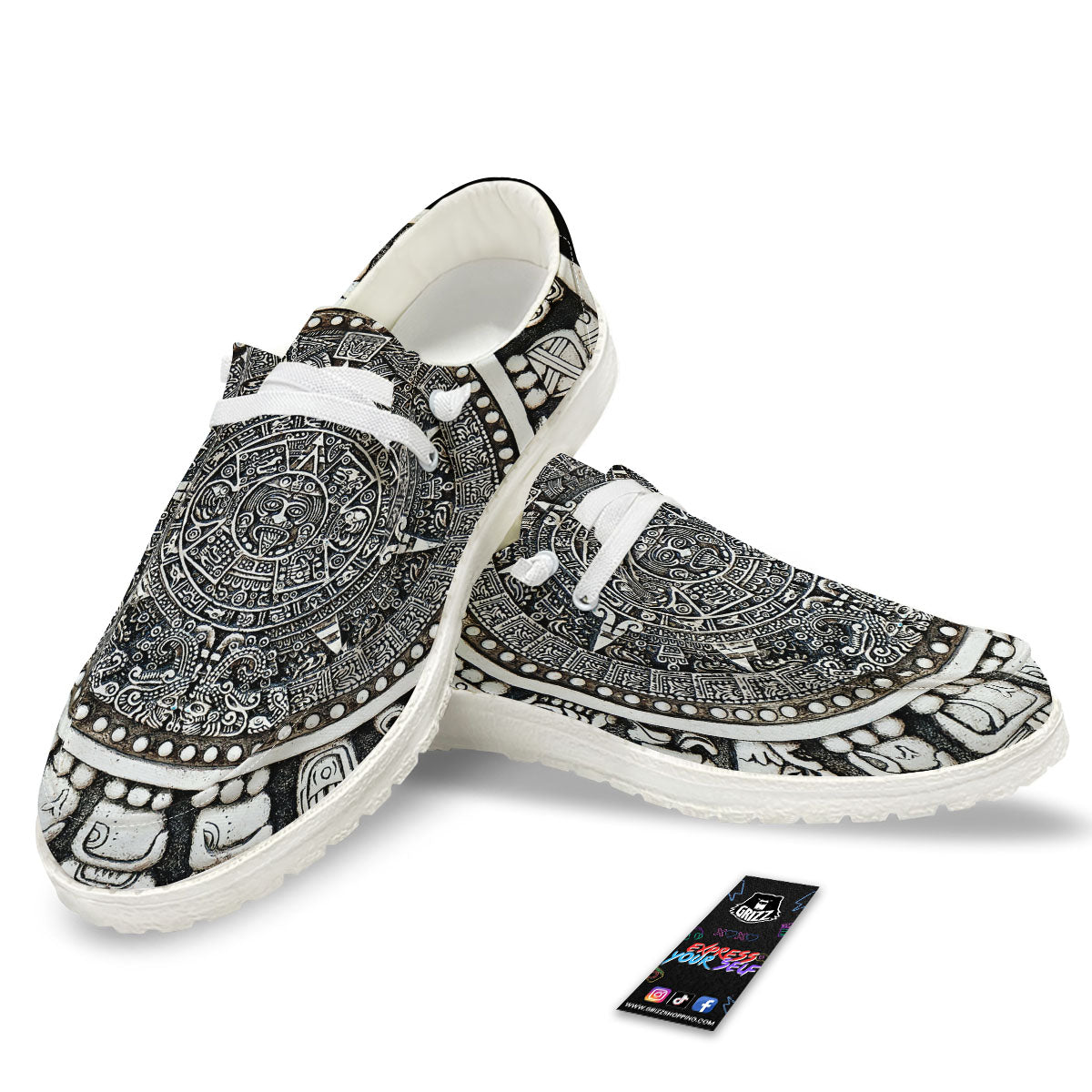 White And Black Maya Calendar Print White Loafers-grizzshop