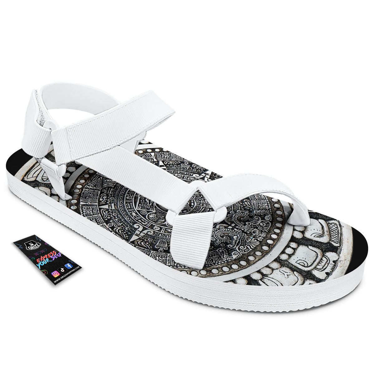 White And Black Maya Calendar Print White Open Toe Sandals-grizzshop