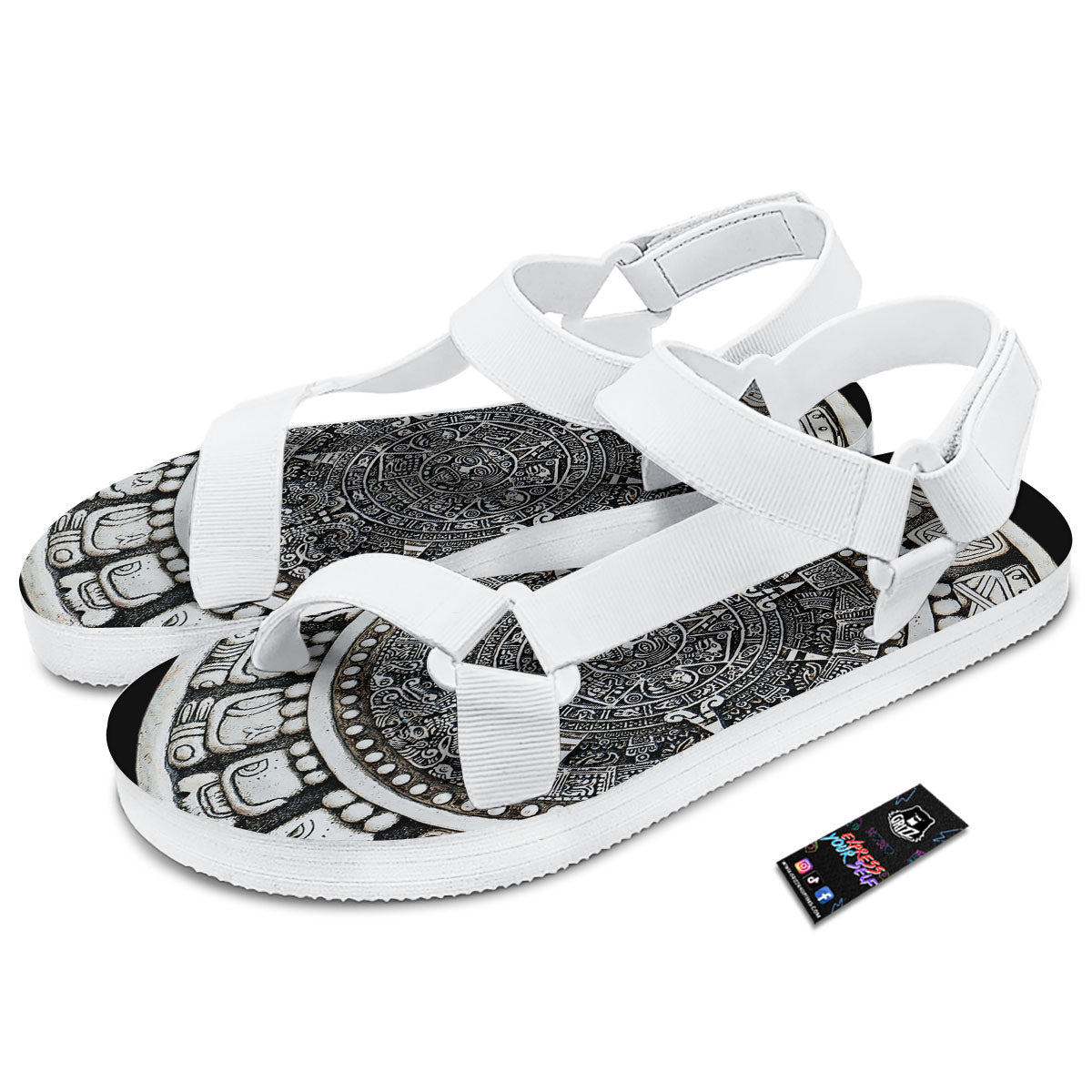 White And Black Maya Calendar Print White Open Toe Sandals-grizzshop