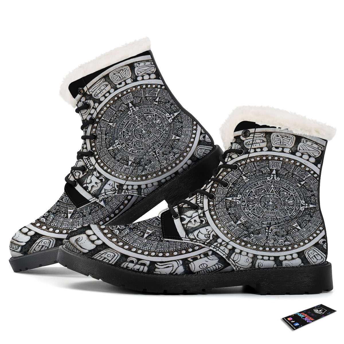White And Black Maya Calendar Print Winter Boots-grizzshop