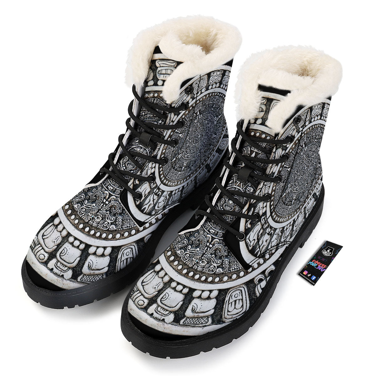 White And Black Maya Calendar Print Winter Boots-grizzshop