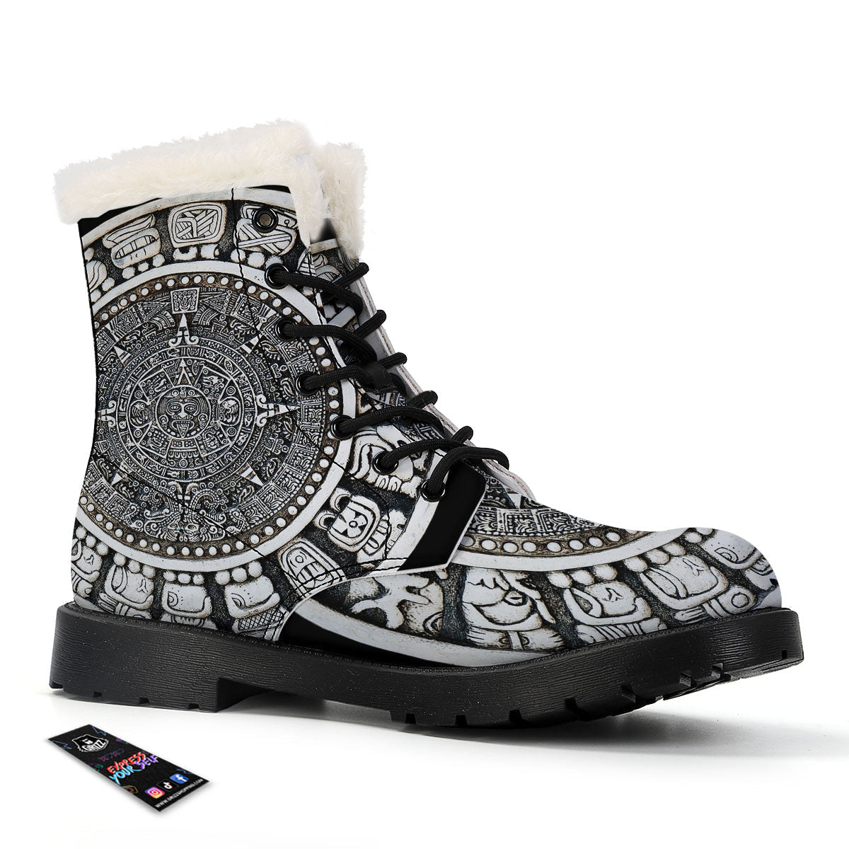 White And Black Maya Calendar Print Winter Boots-grizzshop