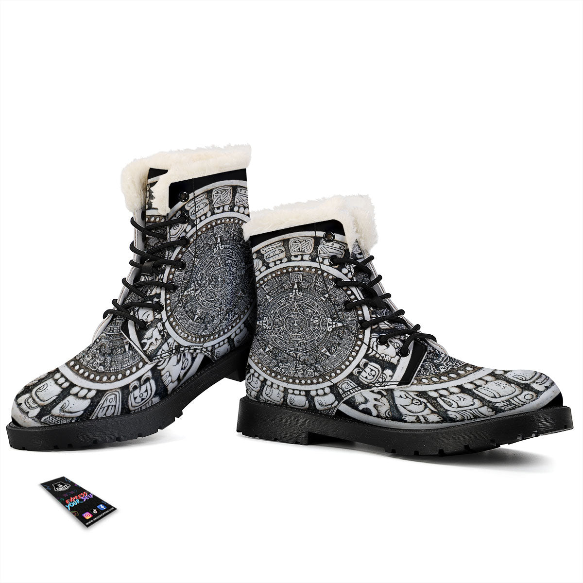 White And Black Maya Calendar Print Winter Boots-grizzshop