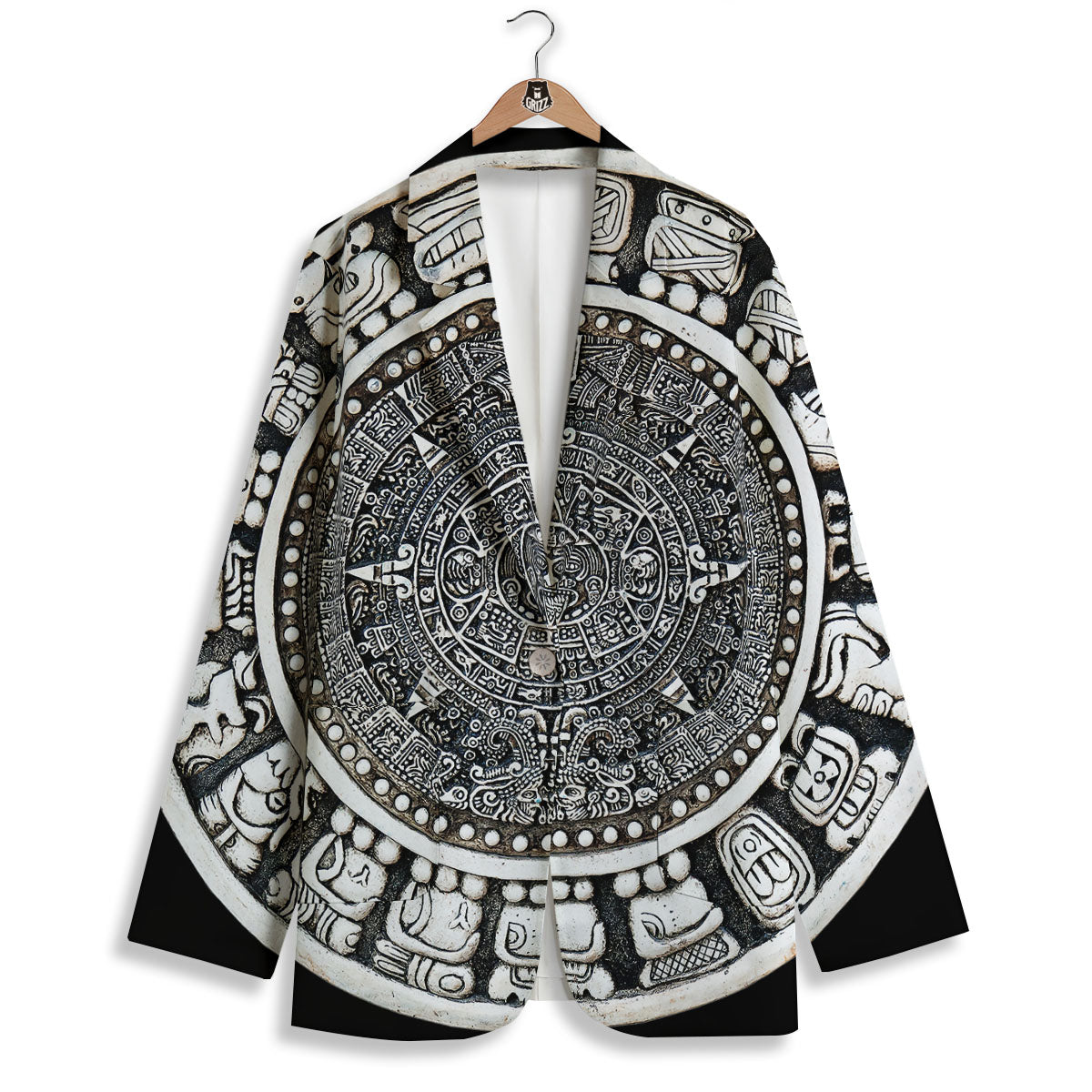 White And Black Maya Calendar Print Women's Blazer-grizzshop