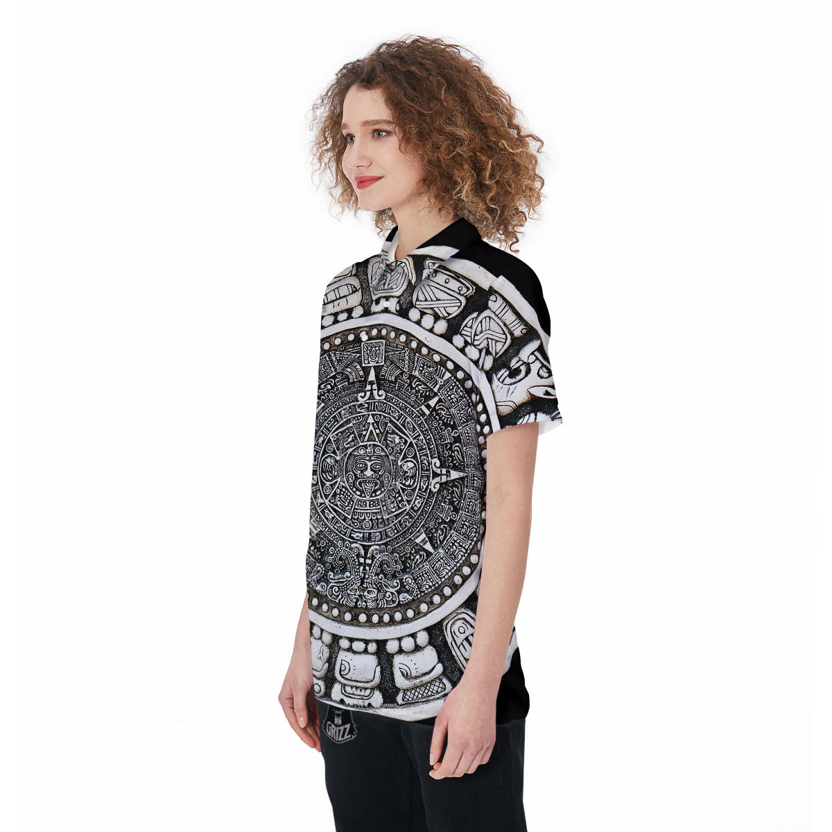 White And Black Maya Calendar Print Women's Golf Shirts-grizzshop