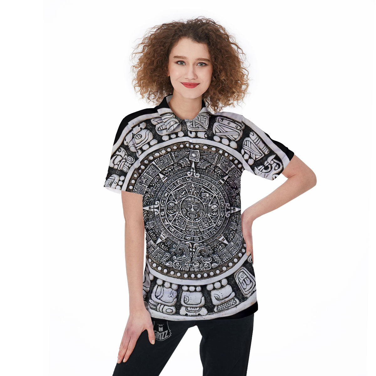 White And Black Maya Calendar Print Women's Golf Shirts-grizzshop