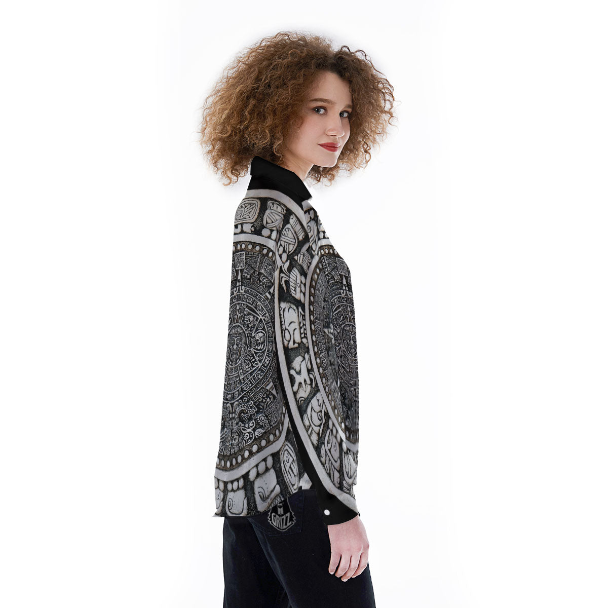 White And Black Maya Calendar Print Women's Long Sleeve Shirts-grizzshop