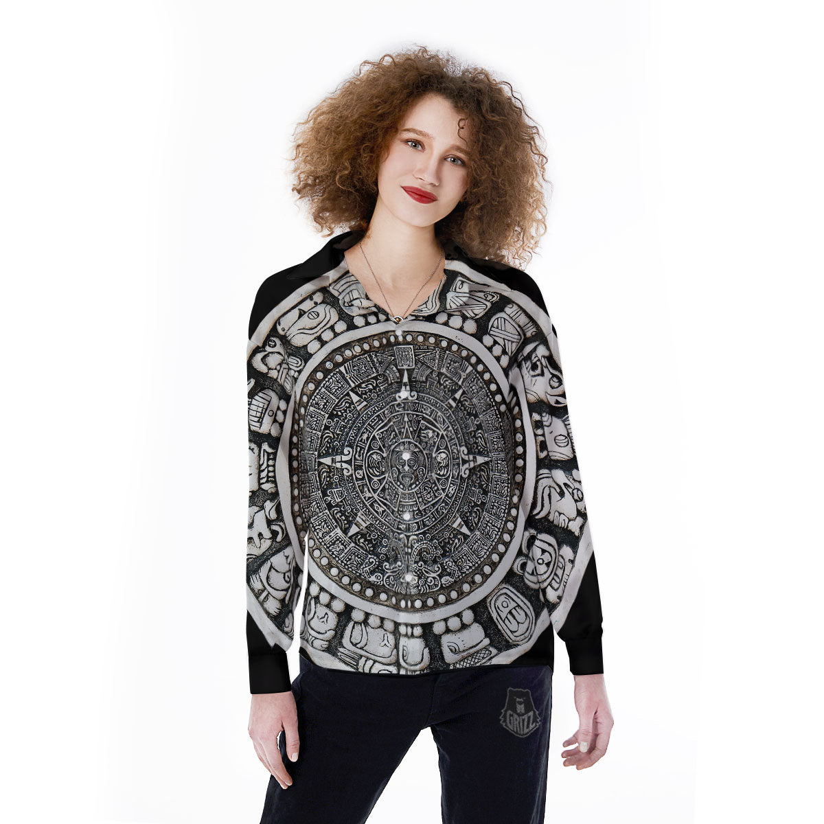 White And Black Maya Calendar Print Women's Long Sleeve Shirts-grizzshop