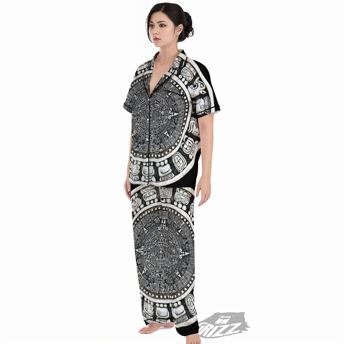 White And Black Maya Calendar Print Women's Pajamas Set-grizzshop
