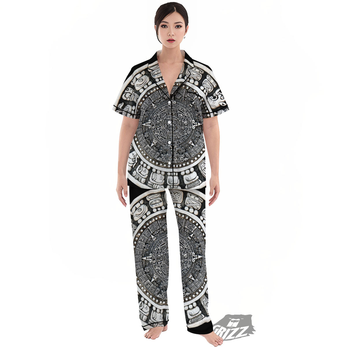 White And Black Maya Calendar Print Women's Pajamas Set-grizzshop