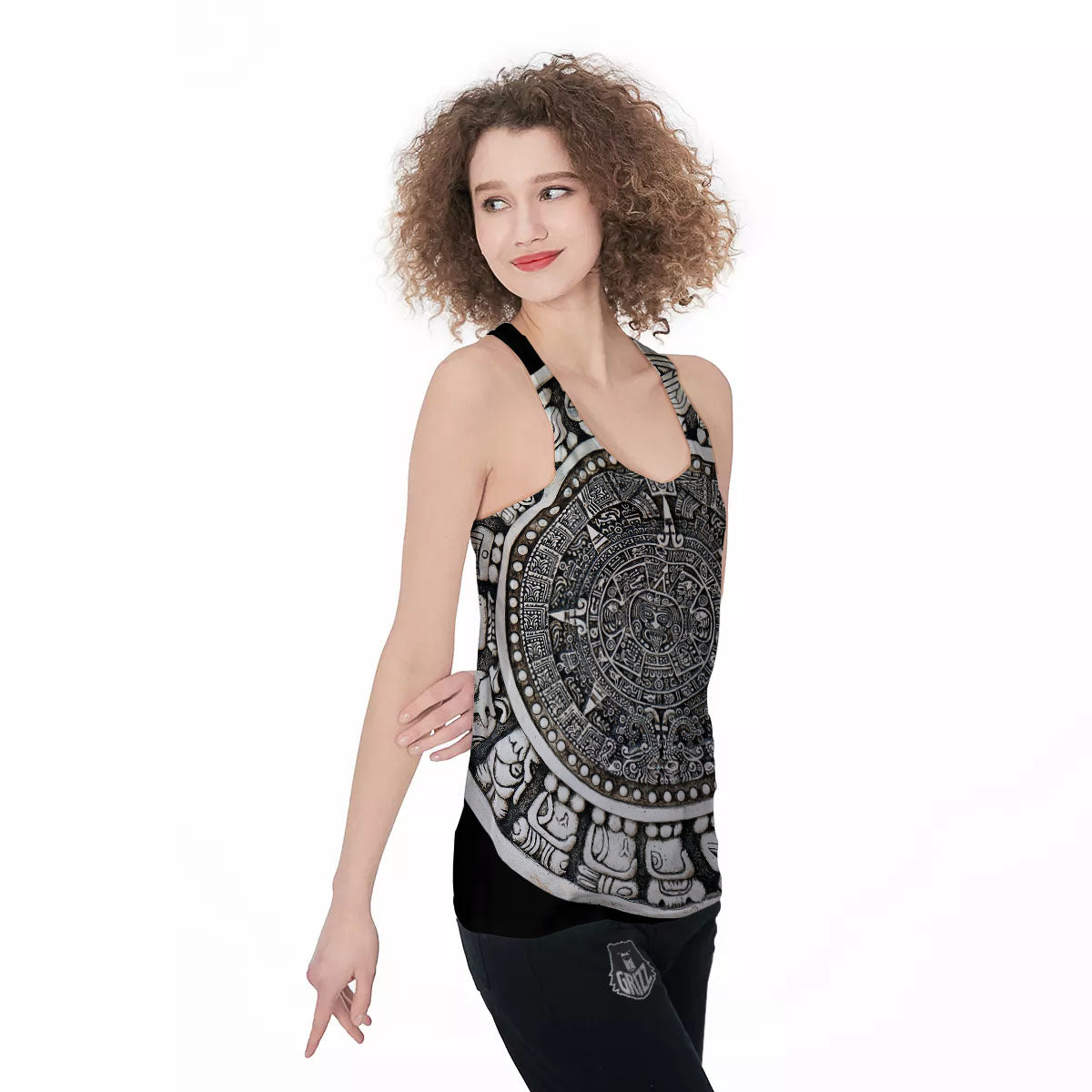 White And Black Maya Calendar Print Women's Racerback Tank Top-grizzshop