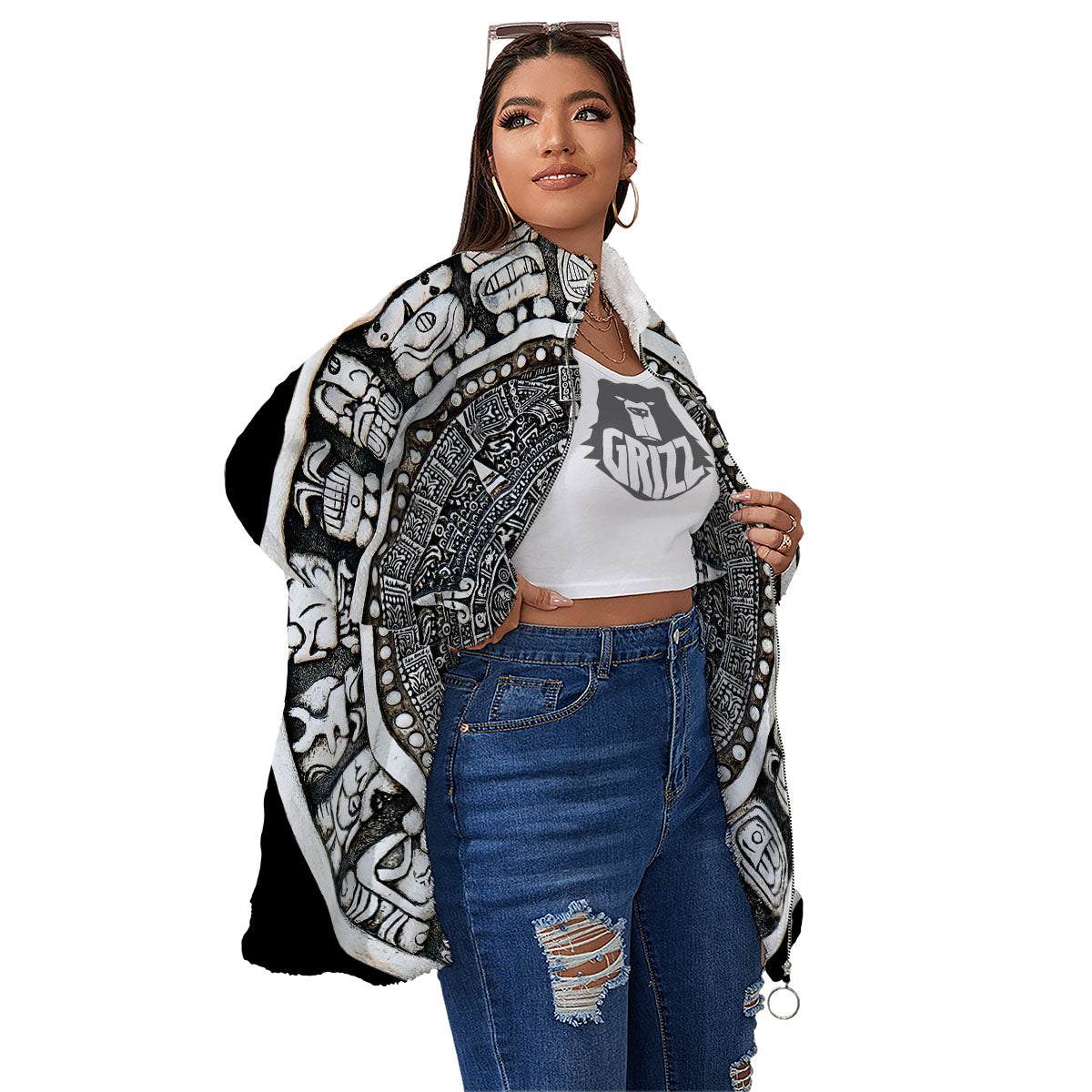 White And Black Maya Calendar Print Women's Sherpa Jacket-grizzshop