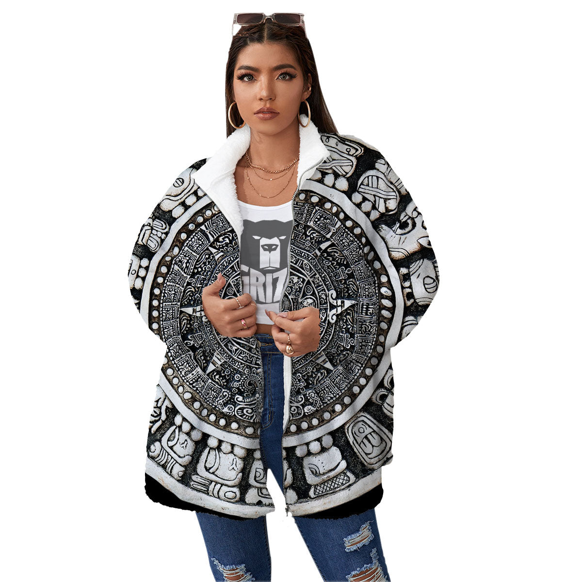 White And Black Maya Calendar Print Women's Sherpa Jacket-grizzshop