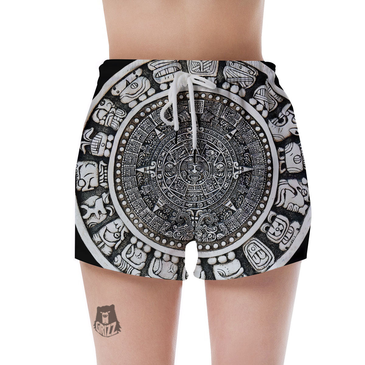 White And Black Maya Calendar Print Women's Shorts-grizzshop