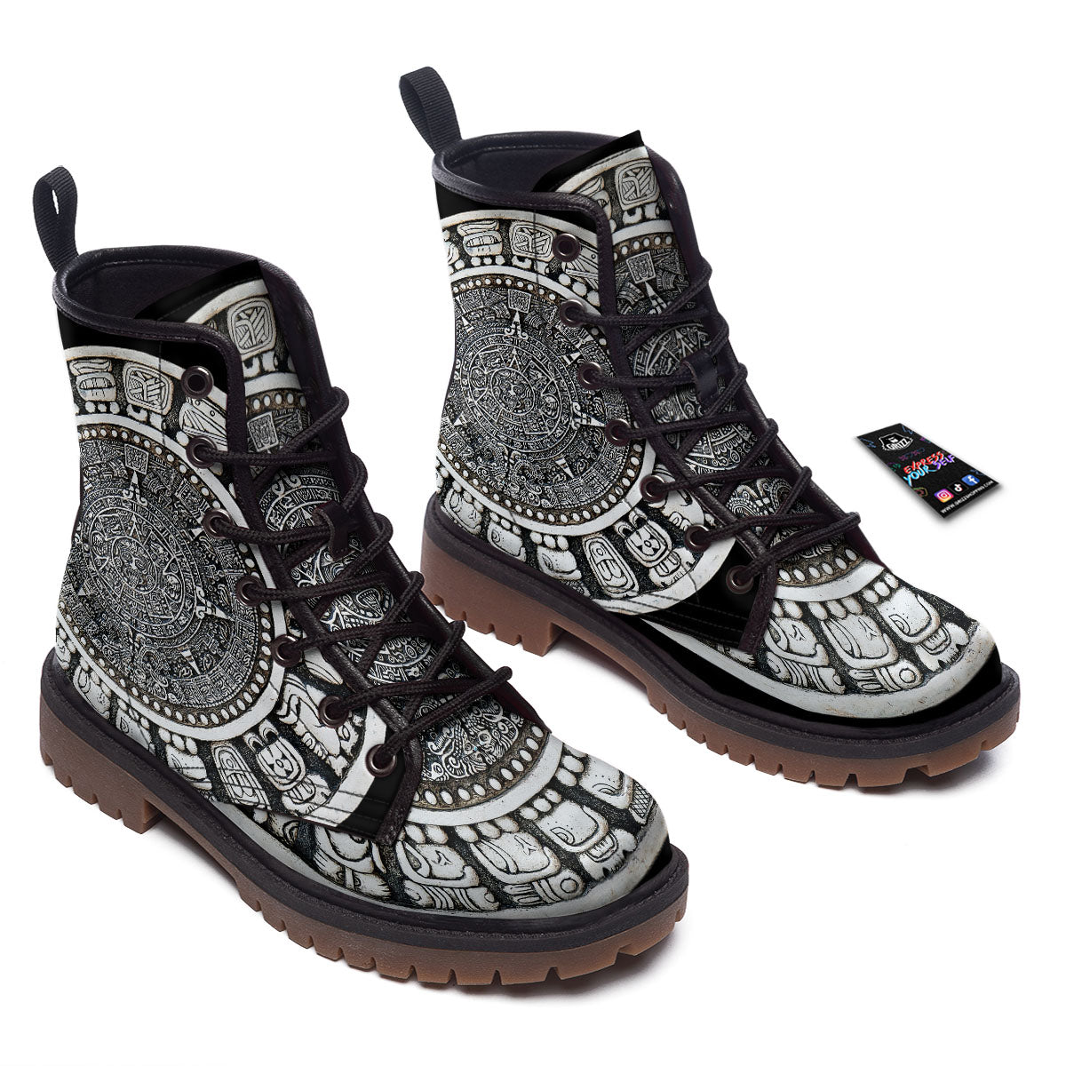 White And Black Maya Calendar Print Work Boots-grizzshop