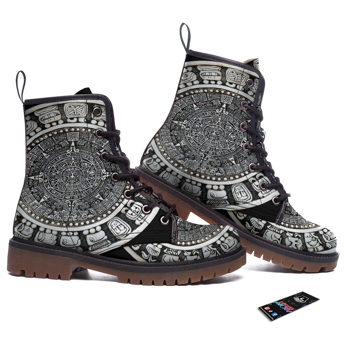 White And Black Maya Calendar Print Work Boots-grizzshop