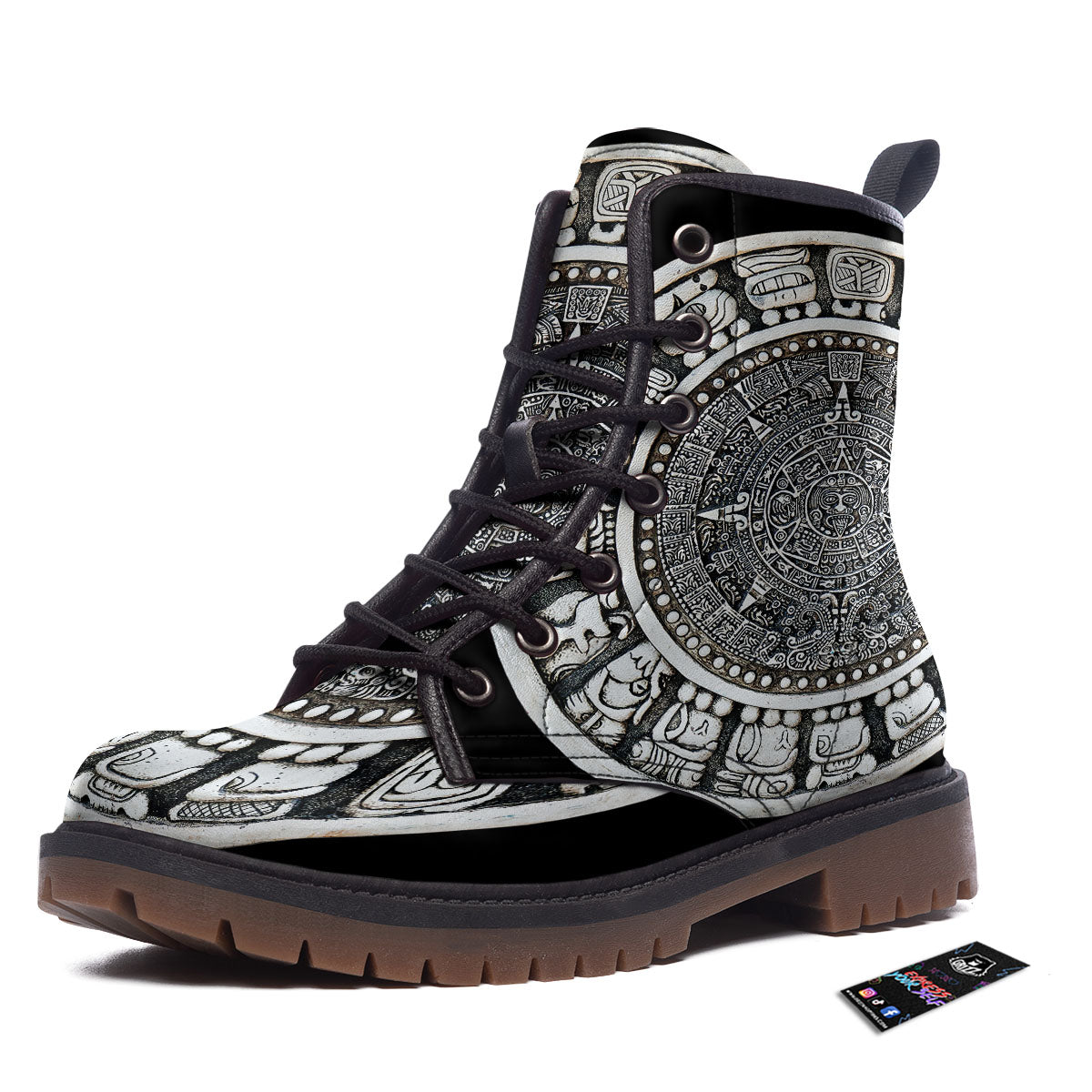 White And Black Maya Calendar Print Work Boots-grizzshop
