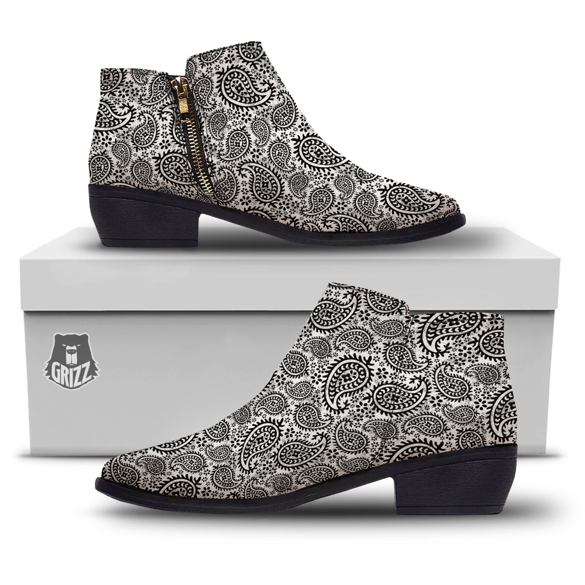 White And Black Paisley Print Pattern Ankle Boots-grizzshop