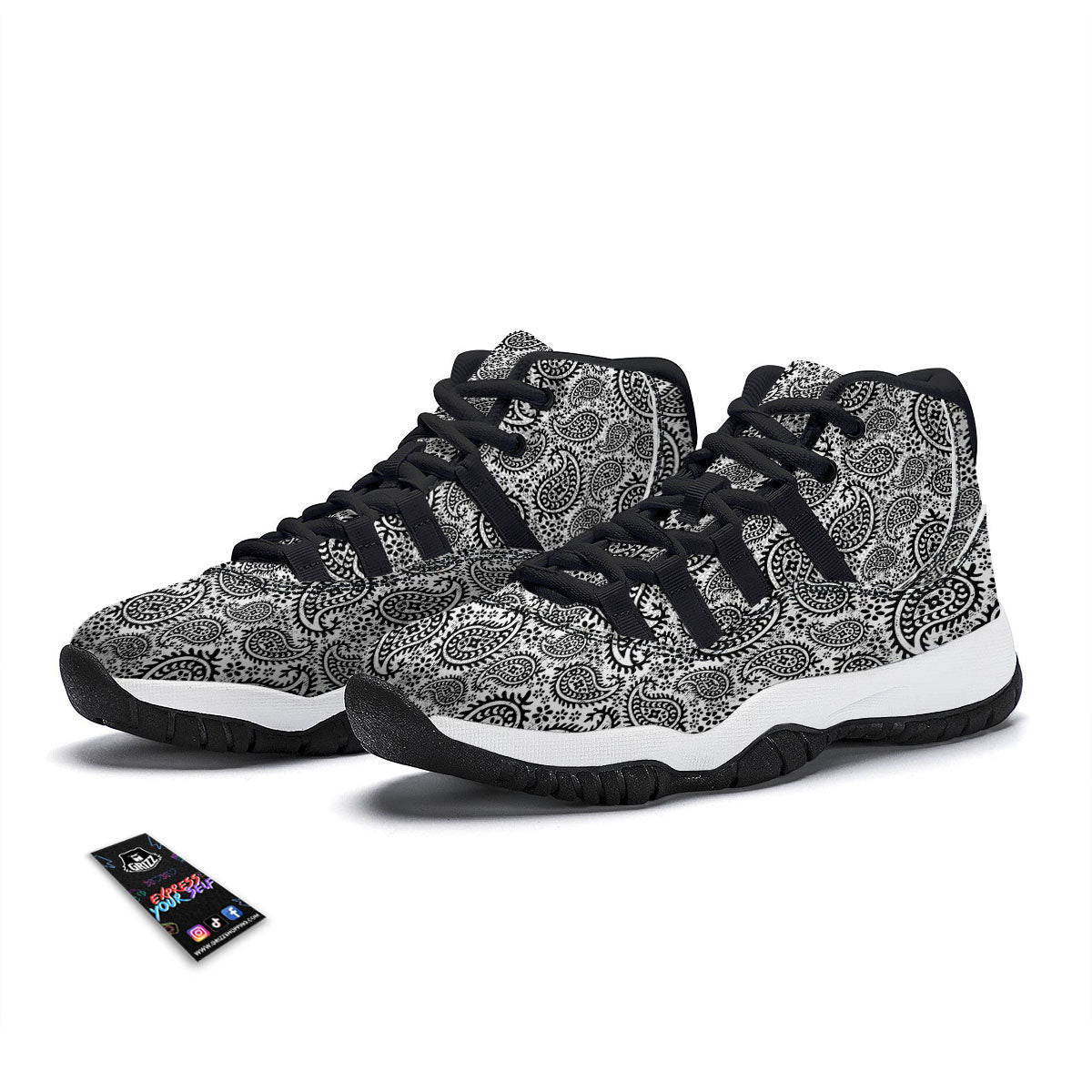White And Black Paisley Print Pattern Black Bball Shoes-grizzshop