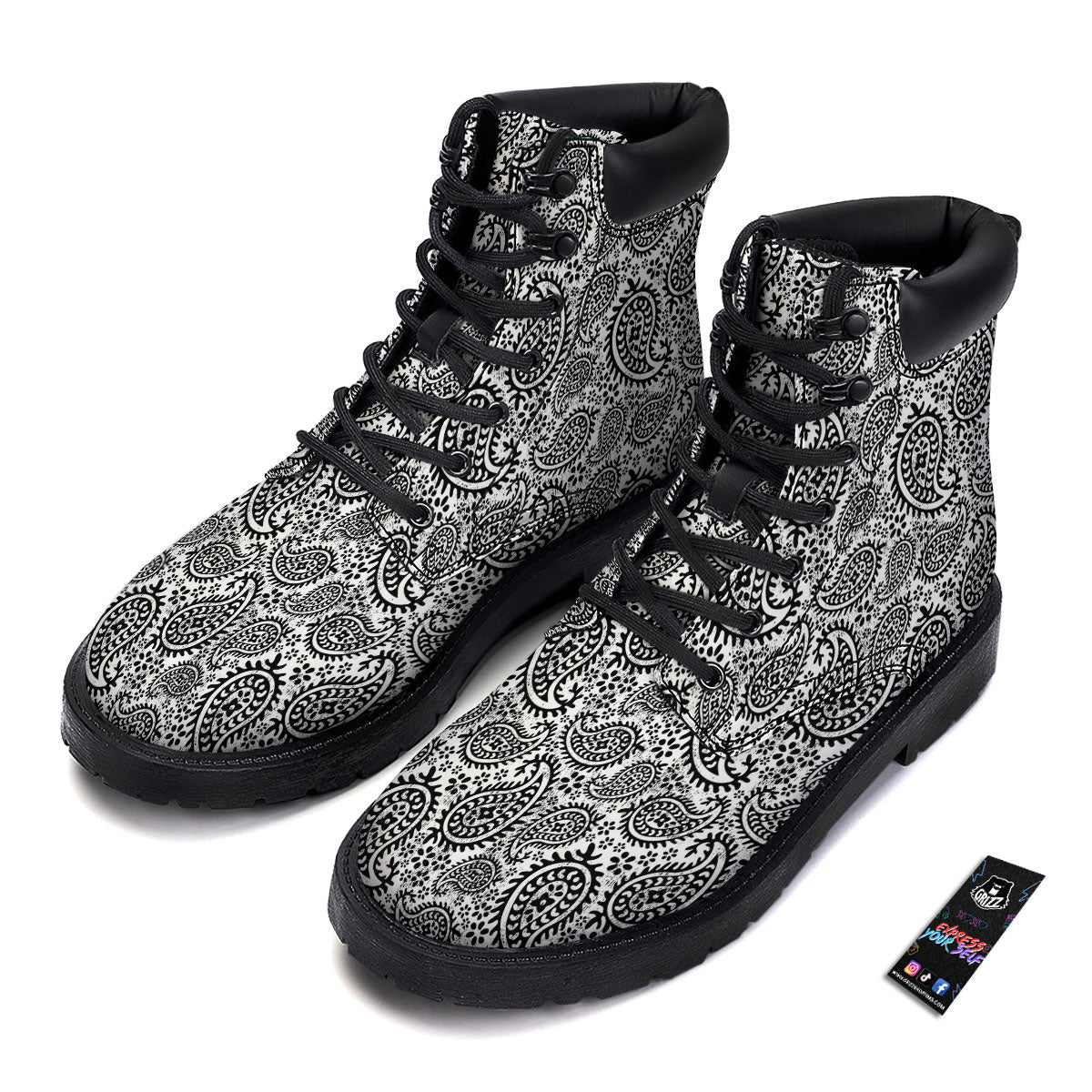 White And Black Paisley Print Pattern Boots-grizzshop