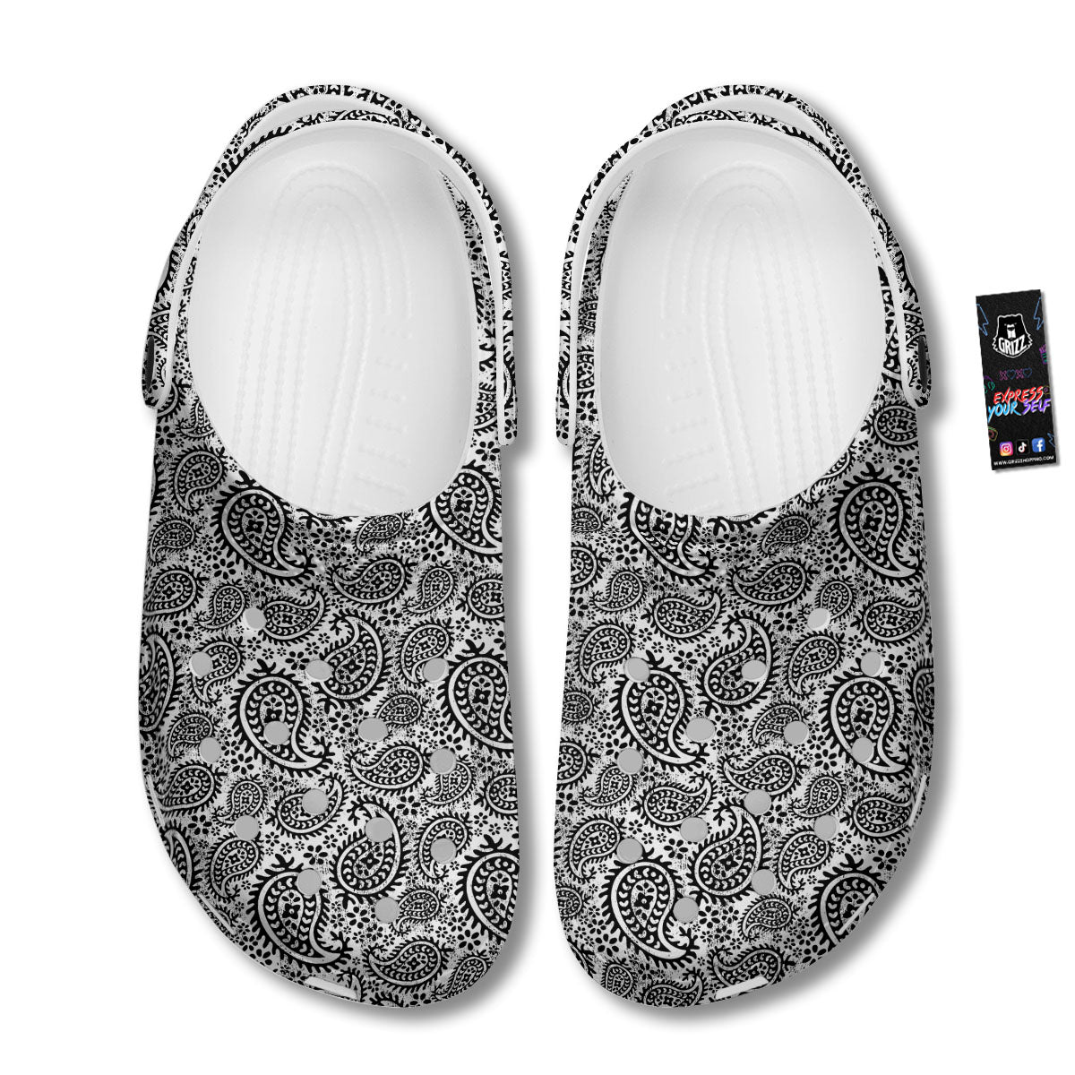 White And Black Paisley Print Pattern Clog-grizzshop