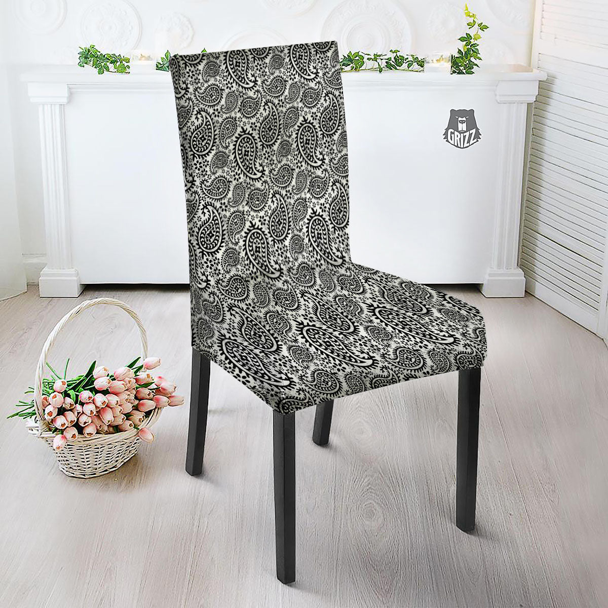 White And Black Paisley Print Pattern Dining Chair Slipcover-grizzshop