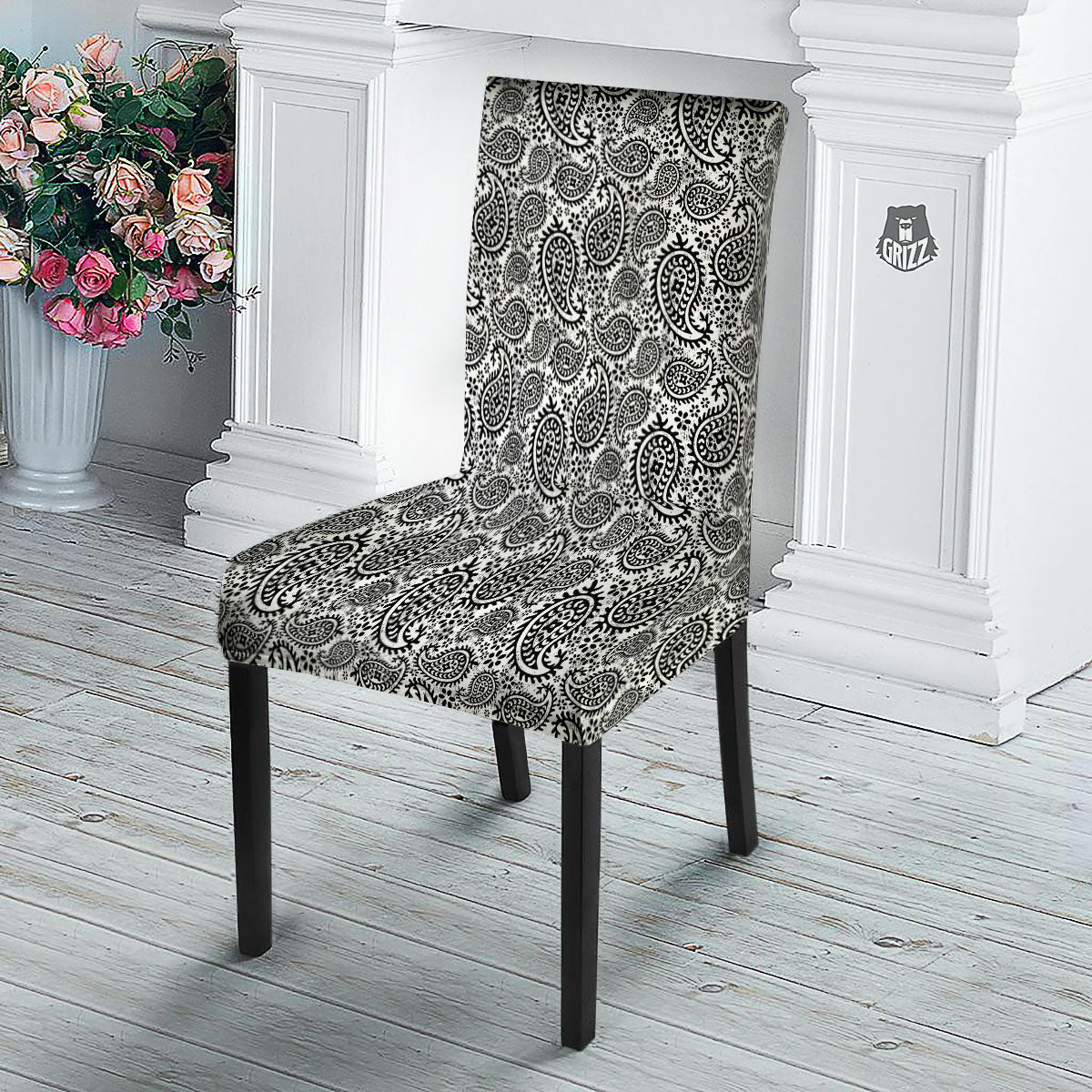White And Black Paisley Print Pattern Dining Chair Slipcover-grizzshop