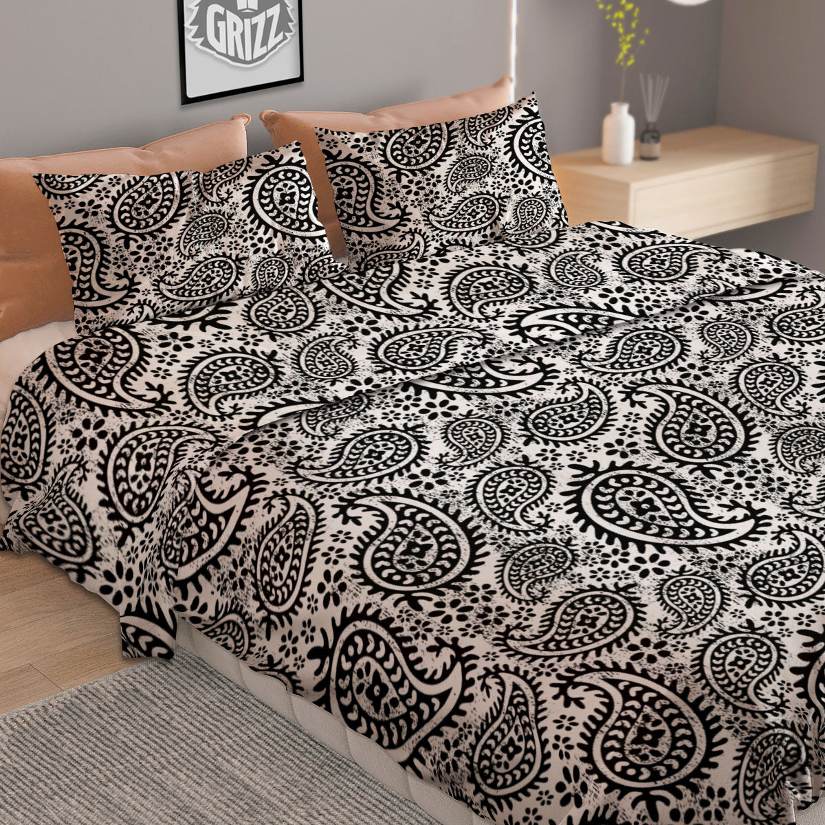 White And Black Paisley Print Pattern Duvet Cover Bedding Set