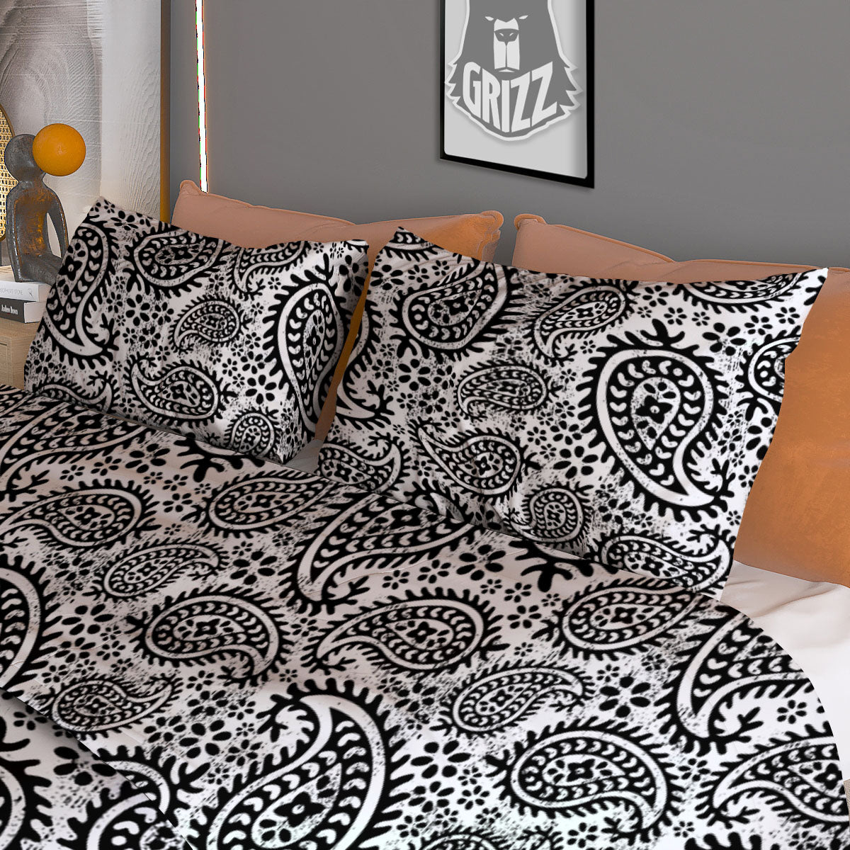 White And Black Paisley Print Pattern Duvet Cover Bedding Set