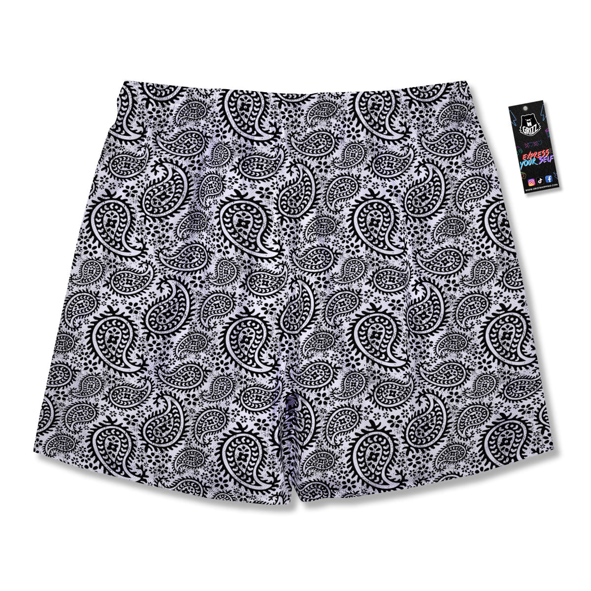 White And Black Paisley Print Pattern Men's Running Shorts-grizzshop