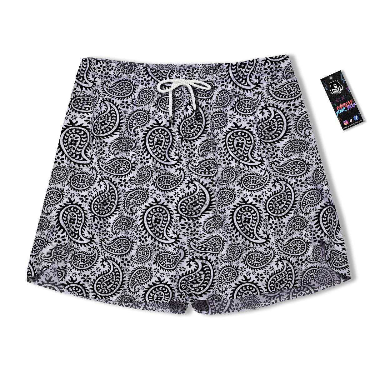 White And Black Paisley Print Pattern Men's Running Shorts-grizzshop