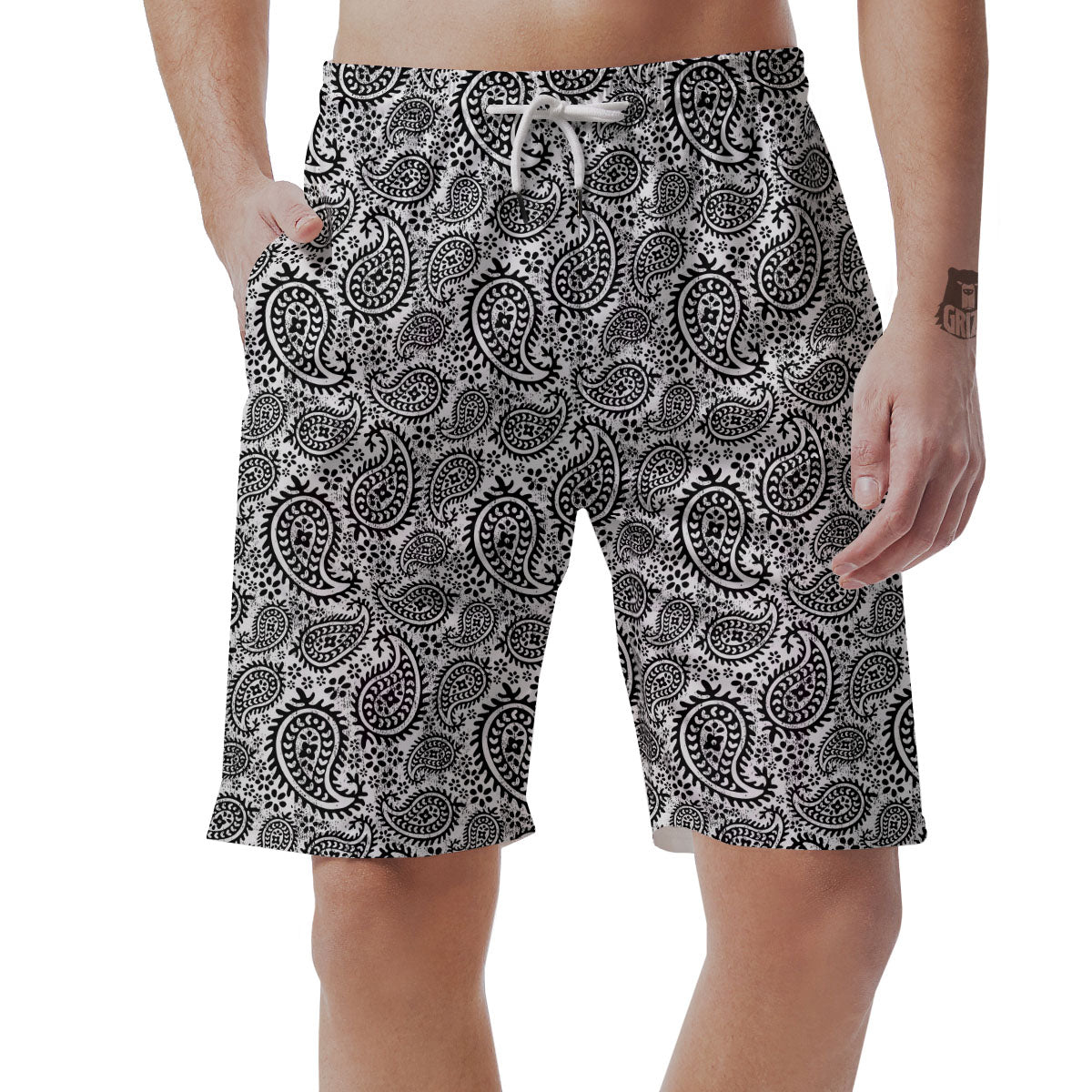 White And Black Paisley Print Pattern Men's Shorts-grizzshop