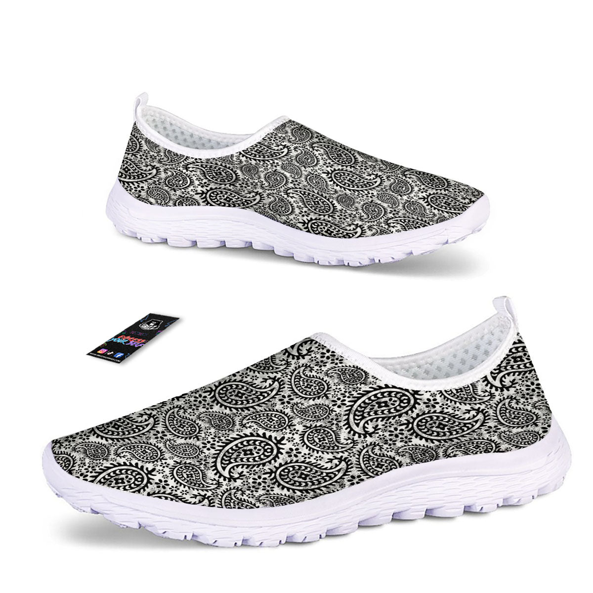 White And Black Paisley Print Pattern Nurse Shoes-grizzshop